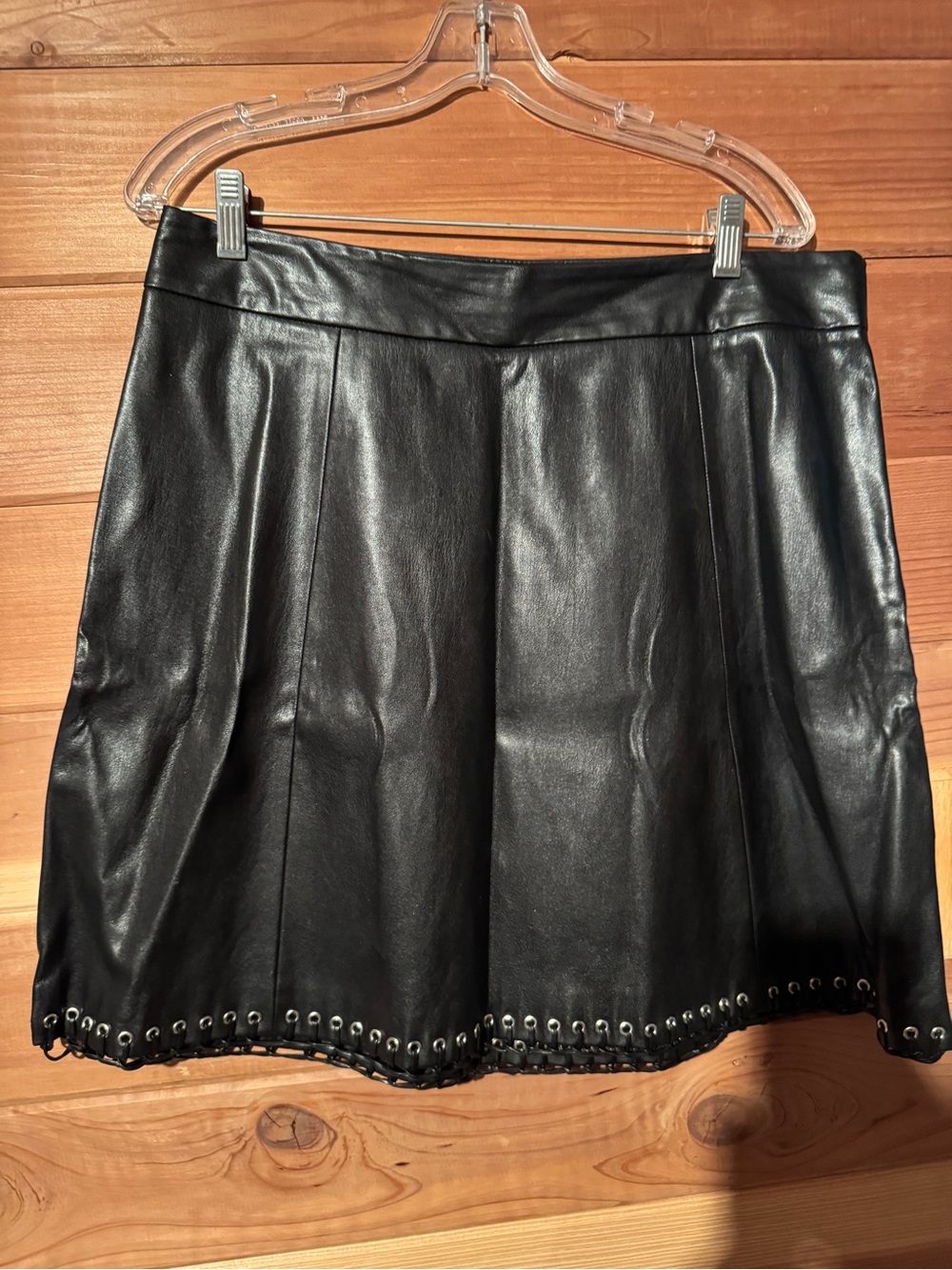 Worthington Black Faux Leather Mini Skirt with Eyelet Hem